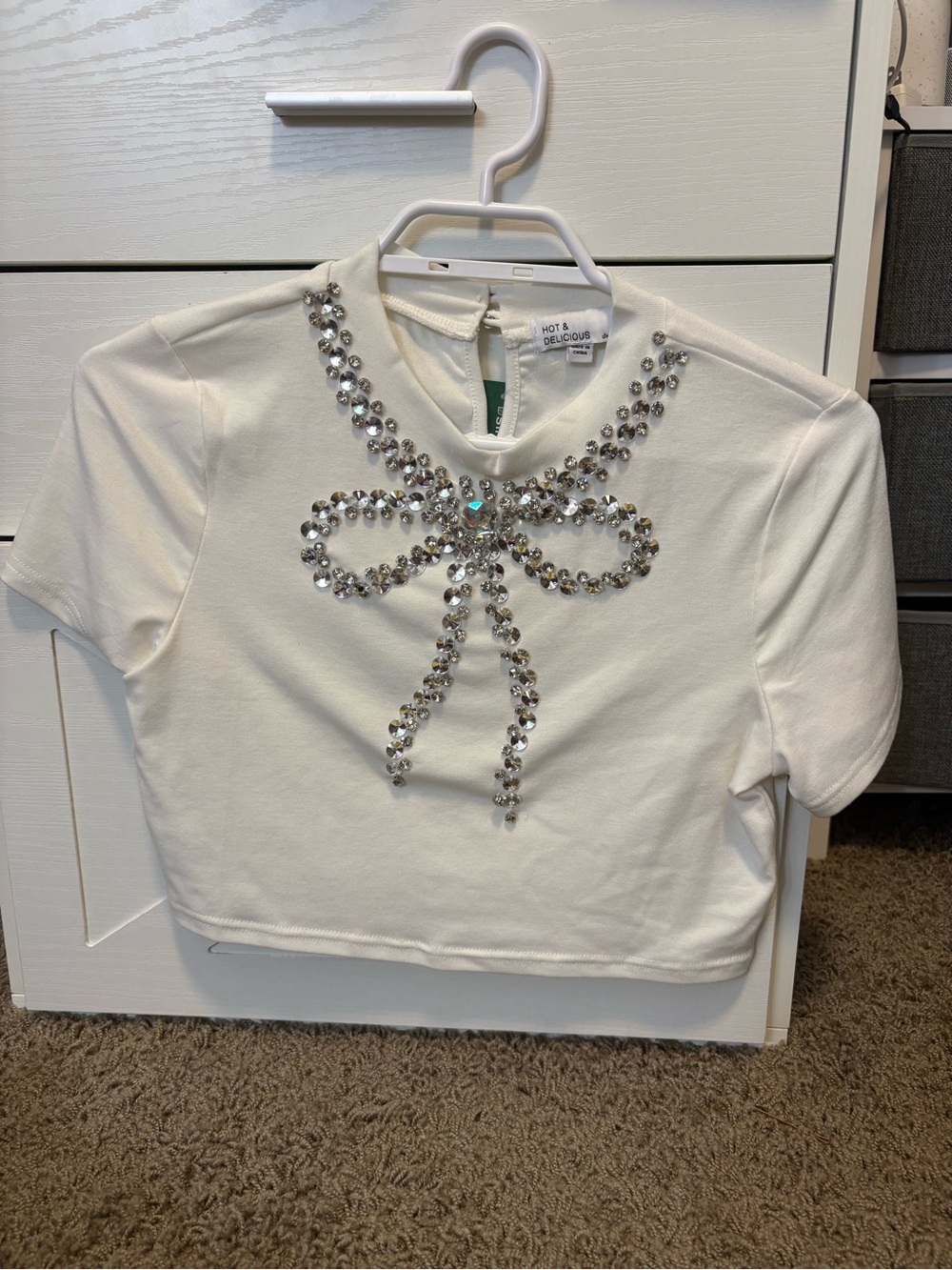 Hot & Delicious White Jeweled Bow Crop Tee
